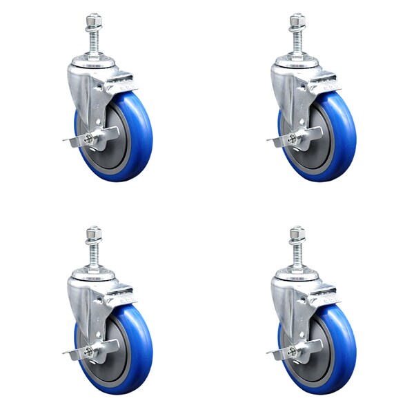 Service Caster 5 Inch SS Blue Polyurethane Swivel 3/8 Inch Threaded Stem Caster Set Brake SCC SCC-SSTS20S514-PPUB-BLU-TLB-381615-4 - main